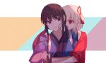  2girls bandaid bandaid_on_face black_hair blonde_hair blue_kimono commentary_request cup film_grain gyx3 hair_ribbon holding holding_cup hug hug_from_behind inoue_takina japanese_clothes kimono long_hair lycoris_recoil multiple_girls nishikigi_chisato official_alternate_costume open_mouth pout red_eyes red_kimono red_ribbon ribbon shade shadow short_hair sidelocks smile teeth twintails upper_body upper_teeth_only violet_eyes wide_sleeves yuri 