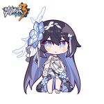  1girl bare_shoulders blue_flower blush chest_tattoo chibi colored_inner_hair dress flower full_body hair_flower hair_ornament highres honkai_(series) honkai_impact_3rd logo long_hair looking_at_viewer multicolored_hair official_art seele_vollerei seele_vollerei_(herrscher_of_rebirth) simple_background smile solo standing tattoo thigh_strap white_background white_dress white_headwear whitecoffin 