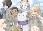  1girl 4boys blue_eyes blue_scarf cardigan character_request closed_mouth clouds collared_shirt earmuffs emma_(yakusoku_no_neverland) green_cardigan green_eyes grey_shirt highres mittens multiple_boys neck_tattoo norman_(yakusoku_no_neverland) number_tattoo open_cardigan open_clothes open_mouth orange_hair phil_(yakusoku_no_neverland) purple_scarf r1014-chopper ray_(yakusoku_no_neverland) scarf shirt sky smile snowman tattoo tree white_hair yakusoku_no_neverland 