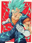  1boy biceps blue_hair blue_pants blue_sash bure_(fantasticyouth7) clenched_hand closed_mouth commentary_request dougi dragon_ball dragon_ball_super earrings electricity energy gloves green_eyes hand_up highres jewelry looking_at_viewer male_focus muscular muscular_male orange_shirt pants pectoral_cleavage pectorals potara_earrings red_background sash shirt simple_background smile smirk solo spiky_hair super_saiyan super_saiyan_blue two-tone_background v-shaped_eyebrows vegetto white_background white_gloves 