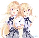  2girls ;d absurdres artist_name bare_arms black_bow blonde_hair bow commentary_request dot_nose gochuumon_wa_usagi_desu_ka? grey_skirt hair_between_eyes highres jinja_eru jinja_natsume light_blush long_hair looking_at_viewer medium_hair multiple_girls one_eye_closed open_mouth pinstripe_pattern sakaki333 shirt short_sleeves siblings simple_background sisters skirt smile striped striped_skirt twitter_username v vertical-striped_skirt vertical_stripes very_long_hair violet_eyes white_background white_shirt 