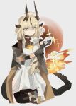  1girl ahoge arknights black_gloves blonde_hair cocking_gun dragon_horns dragon_tail dress flame-tipped_tail frown gloves green_eyes gun handgun highres holding holding_gun holding_weapon horns odmised reed_(arknights) reed_the_flame_shadow_(arknights) tail weapon white_dress 