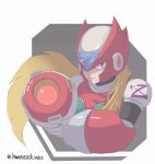  1boy android arm_cannon blonde_hair blue_eyes commentary_request highres hwaryeok long_hair looking_at_viewer male_focus mega_man_(series) mega_man_x_(series) mega_man_zero_(series) partial_commentary simple_background solo upper_body weapon zero_(mega_man) 
