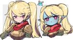  1girl absurdres armor blonde_hair cropped_torso fang highres league_of_legends monakan_japan multiple_views pointy_ears poppy_(league_of_legends) red_scarf scarf shoulder_plates skin_fang twintails yordle 