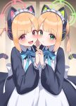  2girls :3 animal_ear_headphones animal_ears apron blue_archive blue_ribbon blush cat_ear_headphones cat_tail fake_animal_ears green_eyes halo headphones highres holding_hands long_hair long_sleeves looking_at_viewer maid maid_apron maid_headdress midori_(blue_archive) midori_(maid)_(blue_archive) minazuki_(uraha246) momoi_(blue_archive) momoi_(maid)_(blue_archive) multiple_girls open_mouth orange_hair ponytail ribbon sidelocks tail violet_eyes 