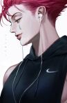  1boy absurdres artist_name earphones eyelashes facial_mark from_side highres hisoka_morow hood hood_down hoodie hunter_x_hunter lips male_focus parted_lips profile redhead simple_background sjamki sleeveless sleeveless_hoodie solo sweat teardrop_facial_mark teardrop_tattoo upper_body 