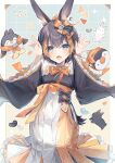  1girl alternate_costume animal_ears bag black_hair blue_eyes bow fish_hair_ornament hair_ornament heart highres multicolored_hair nijisanji nijisanji_en orange_hair pentomo_(petra_gurin) petra_gurin rabbit rabbit_ears short_hair solo streaked_hair virtual_youtuber wide_sleeves yellow_bow zuwaineko 