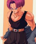  1boy bare_shoulders belt biceps black_pants black_shirt black_tank_top blue_eyes blue_jacket bure_(fantasticyouth7) closed_mouth commentary_request dragon_ball dragon_ball_z frown jacket male_focus muscular muscular_male orange_background orange_belt pants parted_bangs pectorals purple_hair removing_jacket serious shirt short_hair simple_background sleeveless sleeveless_shirt solo tank_top trunks_(dragon_ball) trunks_(future)_(dragon_ball) two-tone_background v-shaped_eyebrows white_background 
