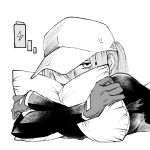  1girl baseball_cap battery_indicator black_shirt girls_frontline gloves greyscale hat highres hug long_sleeves looking_at_viewer monochrome pillow ponytail scar-h_(girls&#039;_frontline) shirt simple_background solo sugac translation_request upper_body white_background 