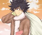  1boy black_hair brown_jacket closed_mouth clouds cloudy_sky commentary_request grey_eyes hand_up holding jacket kamijou_touma light_blush long_sleeves orange_sky scarf shin_(highest1192) short_hair sky smile spiky_hair toaru_majutsu_no_index upper_body white_scarf winter_clothes 