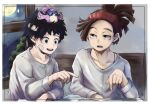  2boys animal_on_head bandaged_head bandages bandaid bandaid_on_cheek bandaid_on_face bird bird_on_head blue_eyes boku_no_hero_academia brown_hair dark_green_hair grey_eyes grey_shirt headband highres indoors long_sleeves looking_at_another male_focus midoriya_izuku moon multiple_boys night on_head open_mouth pino_(boku_no_hero_academia) pointing r1014-chopper red_headband rody_soul shirt short_hair t-shirt tree upper_body window 