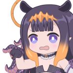  1girl black_choker black_dress black_gloves bright_pupils chibi choker dress flower_knot fur-trimmed_choker gloves gradient_hair hair_flaps halo headpiece hololive hololive_english long_hair multicolored_hair ninomae_ina&#039;nis ninomae_ina&#039;nis_(1st_costume) open_mouth orange_hair pointing pointy_ears purple_hair solo strapless strapless_dress tentacle_hair tentacles tube_dress upper_body violet_eyes virtual_youtuber white_pupils zephylyne 