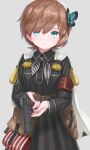  belt_pouch black_ribbon black_shirt black_skirt blue_eyes brown_hair browning_hi-power butterfly_hair_ornament cape closed_mouth girls_frontline grey_background griffin_&amp;_kryuger gun hair_between_eyes hair_ornament handgun hayashi_naoharu highres holding holding_gun holding_weapon holster hp-35_(girls&#039;_frontline) long_sleeves looking_at_viewer pouch red_armband ribbon shirt short_hair simple_background skirt smile striped striped_ribbon striped_skirt vertical-striped_skirt vertical_stripes weapon white_cape 