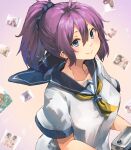  1girl :&gt; aoba_(kancolle) blue_eyes blue_sailor_collar camera hair_ornament hair_scrunchie highres holding holding_camera kantai_collection looking_at_viewer neckerchief photo_(object) ponytail purple_hair sailor_collar school_uniform scrunchie serafuku short_sleeves smile solo sunday_aki upper_body yellow_neckerchief 