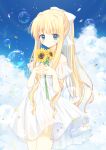  1girl absurdres air_(visual_novel) aiyan alternate_costume bare_shoulders blonde_hair blue_eyes blue_sky blurry blush bow closed_mouth clouds colored_eyelashes commentary_request cowboy_shot day depth_of_field dress eyelashes eyes_visible_through_hair fingernails flower frilled_dress frills hair_between_eyes hair_bow hair_intakes highres holding holding_flower interlocked_fingers kamio_misuzu long_hair looking_at_viewer outdoors own_hands_together ponytail sidelocks sky smile soap_bubbles solo standing straight-on sundress sunflower very_long_hair white_bow white_dress wind wind_lift 