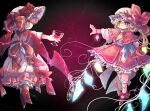  2girls bat_wings black_background blonde_hair blush capelet closed_mouth crystal cup dress drinking_glass fang flandre_scarlet frilled_dress frills full_body grey_hair hat holding holding_cup mame_komari multiple_girls red_capelet red_eyes red_footwear red_skirt red_wings remilia_day remilia_scarlet shoes short_hair short_sleeves siblings simple_background sisters skirt smile touhou twitter_username white_dress white_headwear wine_glass wings 