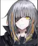  1girl black_shirt eyepatch girls_frontline grey_hair highres irikawa looking_at_viewer m16a1_(boss)_(girls&#039;_frontline) m16a1_(girls&#039;_frontline) mole mole_under_eye multicolored_hair orange_hair parted_lips scar scar_on_face shirt simple_background solo streaked_hair upper_body white_background yellow_eyes 