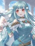  1girl bare_shoulders blue_dress blunt_bangs clouds cloudy_sky dress fire_emblem fire_emblem:_the_blazing_blade fire_emblem_heroes highres indoors konohaya_fe looking_to_the_side ninian_(fire_emblem) ninian_(resplendent)_(fire_emblem) official_alternate_costume open_mouth pillar red_eyes sidelocks sky solo 