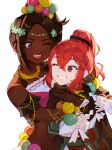  2girls absurdres anna_(fire_emblem) bare_shoulders brown_eyes dark-skinned_female dark_skin fire_emblem fire_emblem_engage high_ponytail highres hug mariirasuto7 multiple_girls open_mouth red_eyes redhead smile teeth timerra_(fire_emblem) upper_teeth_only 