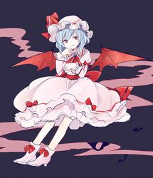  1girl ascot back_bow bat_wings blue_hair boots bow collared_dress dress dress_bow footwear_bow frilled_dress frilled_shirt_collar frilled_sleeves frills full_body hand_up hat hat_ribbon light_blue_hair long_sleeves looking_at_viewer mob_cap mozukuzu_(manukedori) open_mouth pink_dress pink_footwear pink_headwear red_ascot red_bow red_eyes red_ribbon remilia_scarlet ribbon short_hair smile solo touhou wings 