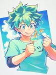  1boy artist_name blue_shirt blue_sky boku_no_hero_academia clenched_hands clouds food freckles green_eyes green_hair highres mecyo_(mamezurushiki) midoriya_izuku popsicle scar shirt simple_background sky sleeves_rolled_up solo sunlight sweat tongue tongue_out white_background 