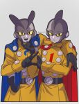  2boys arm_around_shoulder artist_name belt black_belt black_eyes black_gloves blue_cape buttons cape cheek_pinching closed_mouth colored_sclera colored_skin colored_tongue commentary_request double-breasted dragon_ball dragon_ball_super dragon_ball_super_super_hero energy_gun gamma_1 gamma_2 gloves grey_skin hand_up highres holster holstered jacket long_sleeves looking_at_viewer male_focus mine1225 multiple_boys open_mouth pinching purple_tongue ray_gun red_cape red_ribbon_army simple_background smile teeth tongue twitter_username weapon white_background yellow_jacket yellow_sclera 