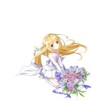  1girl :&lt; back_bow bare_arms blonde_hair bouquet bow braid bridal_gauntlets closers crying dress flat_chest flower frilled_thighhighs frills full_body hair_ribbon highres holding holding_bouquet kneeling lace-trimmed_dress lace_trim long_hair looking_at_viewer lucy_(closers) official_art pink_flower pink_rose purple_flower purple_rose ribbon rose short_dress side_braid sleeveless sleeveless_dress solo streaming_tears tachi-e tears thigh-highs wedding_dress white_background white_bow white_bridal_gauntlets white_dress white_ribbon white_thighhighs yellow_eyes 