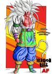1boy anniversary artist_name belt biceps clenched_hand closed_mouth colored_skin dragon_ball dragon_ball_af empty_eyes english_text full_body highres long_hair monkey_tail muscular muscular_male original pants pectorals pink_skin solo solo_focus spiky_hair standing super_saiyan super_saiyan_5 tablos_(dragon_ball_af) tablosaf tail white_fur white_hair