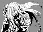  1boy armor black_armor blonde_hair fate/grand_order fate_(series) full_armor grey_background grin highres long_hair looking_at_viewer male_focus monochrome mosoplant smile solo tail tezcatlipoca_(fate) tezcatlipoca_(second_ascension)_(fate) upper_body 