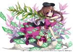  1girl :d black_headwear breasts brown_hair commentary_request copyright_name dress full_body game_cg hat holding kozakura_(dictionary) looking_at_viewer myouga_(plant) nishida_satono open_mouth pink_dress short_sleeves simple_background smile solo tate_eboshi touhou touhou_danmaku_kagura violet_eyes white_background 