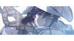  1boy absurdres black_gloves blue_eyes blue_hair commentary_request dark_blue_hair eye_mask feathers gloves hand_up highres kaito_(vocaloid) letterboxed long_sleeves male_focus one_eye_closed parang_99 parted_lips solo star_(symbol) upper_body vocaloid white_background white_feathers white_headwear 