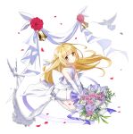  1girl :o back_bow banner bare_arms bell bird blonde_hair blush bouquet bow braid bridal_gauntlets closers dove dress falling_petals flat_chest flower frilled_thighhighs frills full_body hair_ribbon highres holding holding_bouquet kneeling lace-trimmed_dress lace_trim long_hair looking_at_viewer lucy_(closers) official_art petals pink_flower pink_rose purple_flower purple_rose red_flower red_rose ribbon rose short_dress side_braid sleeveless sleeveless_dress solo tachi-e thigh-highs wedding_dress white_background white_bow white_bridal_gauntlets white_dove white_dress white_ribbon white_thighhighs yellow_eyes 