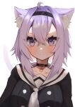  1girl absurdres ahoge animal_ears blush cat_ears cat_girl cat_tail choker commentary_request crossed_bangs crying crying_with_eyes_open hair_between_eyes hairband highres hololive looking_at_viewer mashiro_io neckerchief nekomata_okayu nekomata_okayu_(3rd_costume) purple_hair sailor_collar solo tail tears upper_body violet_eyes virtual_youtuber white_neckerchief white_sailor_collar 