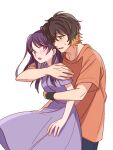  1boy 1girl :o black_wristband blush brown_hair dress hetero highres hug hug_from_behind magami_keigo miyao_nemu multicolored_hair orange_shirt purple_dress shirt short_sleeves simple_background standing streaked_hair sweatdrop t-shirt violet_eyes white_background witch_watch yoshitaka_(palooo) 