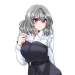  1girl arm_behind_back assault_lily belt belt_buckle black_belt black_dress blush breasts buckle buttons closed_mouth collared_shirt commentary_request dress frilled_shirt frills grey_hair hair_between_eyes hand_up hata_matsuri highres long_sleeves looking_at_viewer medium_breasts medium_hair shirt simple_background smile solo standing strapless strapless_dress striped striped_dress tora_(yoaq151bibozrrb) upper_body vertical-striped_dress vertical_stripes violet_eyes white_background white_shirt 