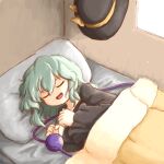  1girl :d aqua_hair bed bed_sheet black_headwear black_shirt blanket bow closed_eyes day eyeball frilled_sleeves frills hat hat_bow hat_removed hat_ribbon headwear_removed heripantomorrow indoors komeiji_koishi long_sleeves lying medium_hair on_bed on_side open_mouth pillow ribbon shirt sleeping smile solo third_eye touhou under_covers upper_body wavy_hair wide_sleeves window yellow_bow yellow_ribbon 