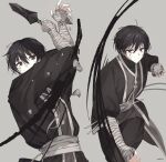  1boy bandaged_arm bandages black_eyes black_hair black_kimono black_pants dagger e.g.o_(project_moon) grey_background grey_sash highres holding holding_dagger holding_knife holding_rock holding_weapon japanese_clothes kimono knife limbus_company long_sleeves looking_at_viewer love_mintchoco male_focus multiple_views pants project_moon puffy_long_sleeves puffy_sleeves simple_background tassel weapon yi-sang_(limbus_company) 