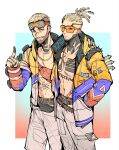  2boys absurdres animification apex_legends bare_pectorals belt blonde_hair border brown_belt chain chest_tattoo cornrows crypto_(apex_legends) facial_hair fanny_pack gloves goatee gold_chain gradient_background grey_pants hair_slicked_back hand_in_pocket hand_on_another&#039;s_shoulder highres hype_beast_crypto lit_witt_mirage male_focus mirage_(apex_legends) multiple_boys navel official_alternate_costume outside_border pants pectorals pointing smile song_tan_shui tattoo white_border yellow_gloves 