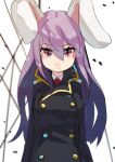  1girl :&lt; adapted_costume animal_ears black_jacket hair_between_eyes hashiro jacket long_hair long_sleeves looking_at_viewer necktie one-hour_drawing_challenge purple_hair rabbit_ears red_eyes red_necktie reisen_udongein_inaba shirt solo touhou upper_body white_background white_shirt 