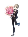 1boy black_jacket black_necktie black_pants black_socks bouquet brown_vest closed_mouth closers collared_shirt flower full_body gloves green_eyes grey_hair highres holding holding_bouquet jacket leg_up looking_at_viewer male_focus mistilteinn_(closers) necktie official_art oxfords pants pink_flower pink_rose rose shirt short_hair smile socks solo suit tachi-e vest walking white_background white_footwear white_gloves white_shirt 