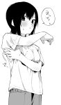  1girl absurdres black_hair embarrassed grey_shorts greyscale highres monochrome original shirt sho_bu_1116 short_hair shorts speech_bubble sweatdrop translation_request white_shirt 