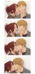  1boy 1other brown_eyes brown_hair closed_eyes commentary french_kiss frown glasses hange_zoe hanpetos highres kiss kissing_cheek light_brown_hair moblit_berner ponytail shingeki_no_kyojin smile surprised sweatdrop tongue translation_request 