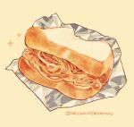  amakawa_tamawo artist_name bolognese_sauce bread commentary_request foil food food_focus highres no_humans original pasta sandwich simple_background sparkle still_life yellow_background 