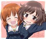  2girls :d akiyama_yukari blue_jacket blush brown_eyes brown_hair character_name closed_eyes commentary_request dated facing_viewer girls_und_panzer green_shirt happy_birthday highres inoue_kouji jacket long_hair long_sleeves looking_at_viewer military military_uniform multiple_girls nishizumi_miho ooarai_military_uniform open_mouth revision selfie shirt short_hair side-by-side smile translated uniform 