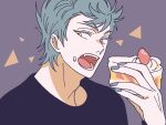  cake cake_slice eating food food_on_face fruit grey_background grey_hair grey_nails hand_up open_mouth strawberry upper_body witch_watch wolf_(witch_watch) yellow_eyes yoshitaka_(palooo) 