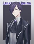  ascot black_ascot black_jacket brooch character_name closed_mouth collared_shirt commentary copyright_name frown hair_over_one_eye highres jacket jewelry library_of_ruina long_sleeves open_clothes open_jacket project_moon purple_brooch purple_hair shirt short_hair tutu_u9 upper_body white_shirt yellow_eyes yesod_(project_moon) 
