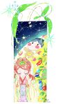  1girl absurdres artist_name blush_stickers bubble closed_eyes hands_up heart highres kawatsu_yuuki leaf long_hair long_sleeves original plant redhead solo star_(symbol) wide_sleeves 