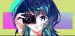  1girl aqua_hair blue_eyes blue_hair blue_nails bracelet camera commentary film_grain gradient_hair gyx3 hair_between_eyes highres holding holding_camera jewelry long_hair looking_at_viewer multicolored_hair nail_polish open_mouth original portrait shadow solo taking_picture 