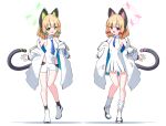  2girls 525_woiwo :d animal_ear_headphones animal_ears blonde_hair blue_archive blue_necktie bow breasts cat_ear_headphones commentary_request cosplay fake_animal_ears full_body green_bow green_halo hair_bow halo headphones highres jacket long_hair looking_at_viewer midori_(blue_archive) momoi_(blue_archive) multiple_girls necktie open_clothes open_jacket open_mouth pink_halo red_bow shoes short_hair siblings simple_background sisters small_breasts smile standing standing_on_one_leg sumomo_(blue_archive) sumomo_(blue_archive)_(cosplay) tail twins white_background white_footwear white_jacket 