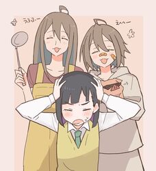  3girls :d =3 absurdres ahoge animal apron bandaid bandaid_on_cheek bandaid_on_face bandaid_on_nose black_hair blue_hair blunt_bangs blunt_ends bob_cut brown_background closed_eyes colored_inner_hair commentary covering_own_ears do_it_yourself!! dress_shirt frown green_necktie grey_hair grey_hoodie highres holding holding_animal holding_ladle hood hood_down hoodie ladle long_hair long_sleeves meat_(do_it_yourself!) mother_and_daughter multicolored_hair multiple_girls necktie open_mouth pig purple_hair red_shirt saitsuyoshi school_uniform shirt short_hair smile standing sunglasses suride_miku sweatdrop sweater_vest translated v-neck white_shirt wing_collar yellow_apron yellow_sweater_vest yua_serufu yua_serufu&#039;s_mother 